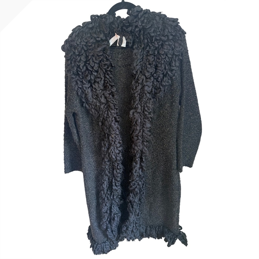 Vintage Barami Black Boucle Loop Knit Trim Open Duster Cardigan Wool L